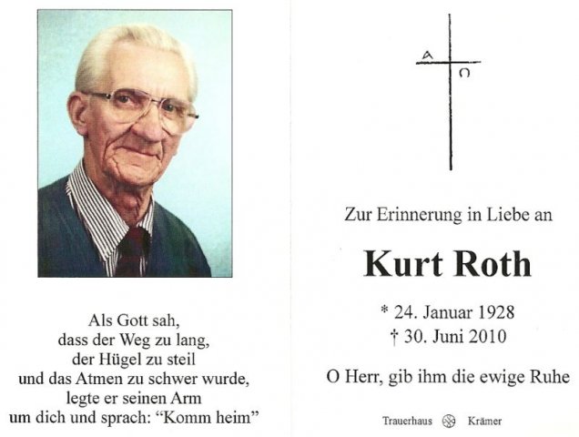 Roth Kurt 1928-2010 Todeskarte